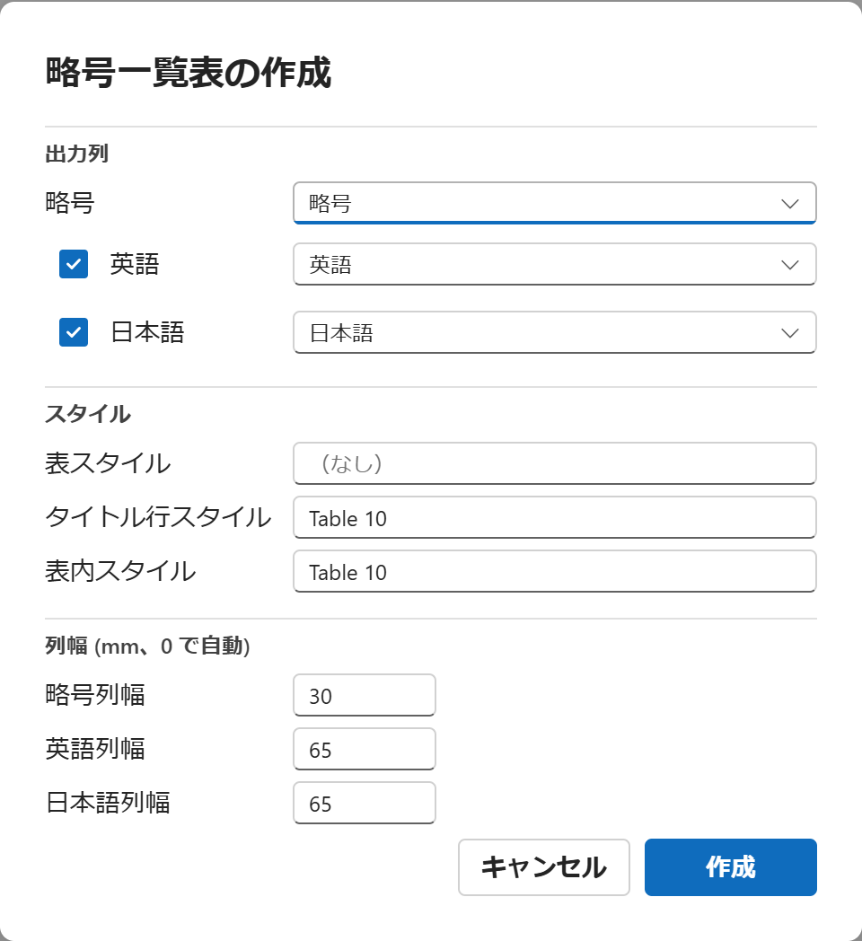 The Create abbreviation table dialog